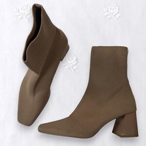 Zara 90s Style Square Toe Taupe Gray Beige Textile Slim Sock Ankle Boots US 8